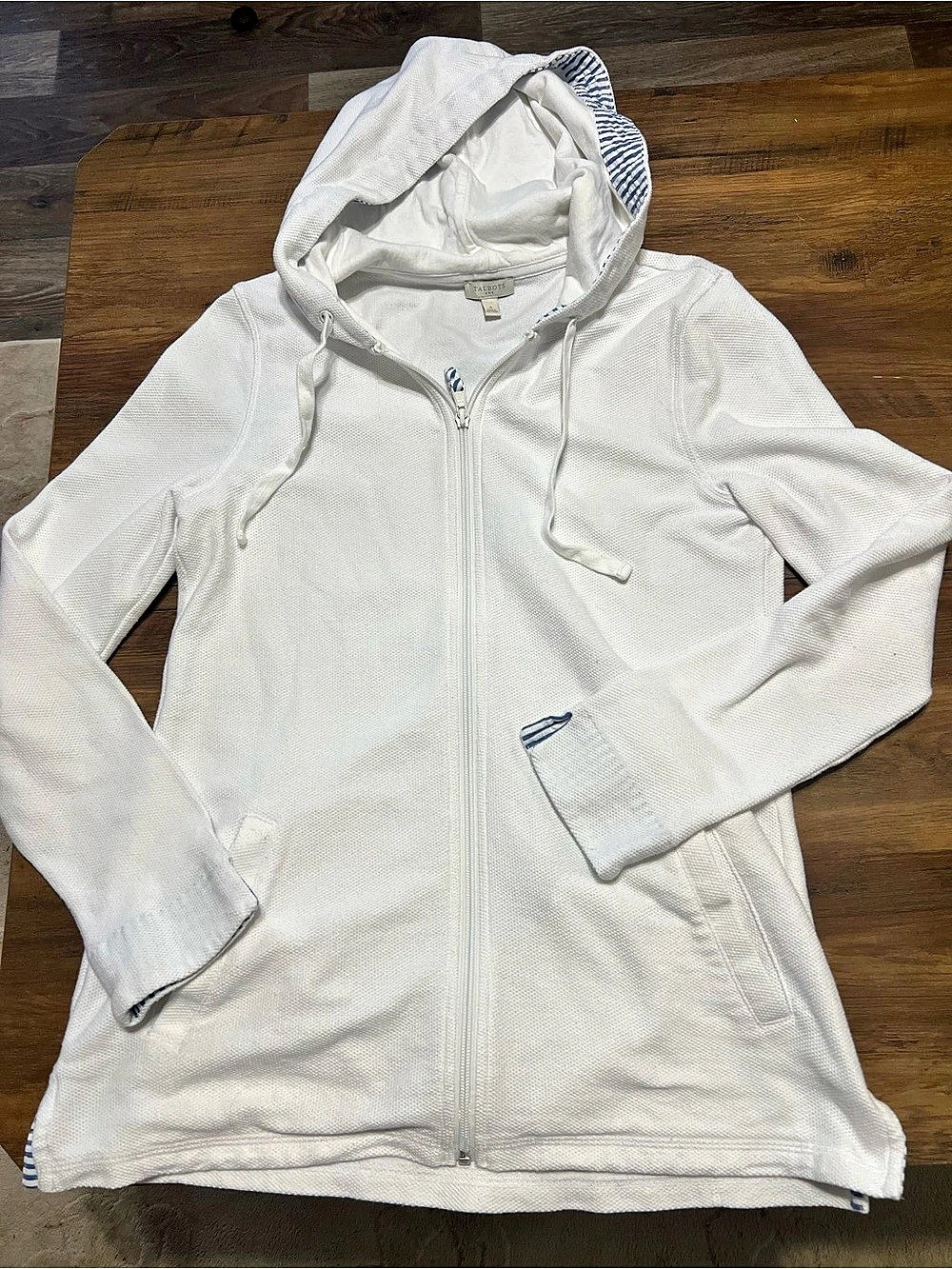Talbots Hooded Zip Jacket in White & Blue Size small s